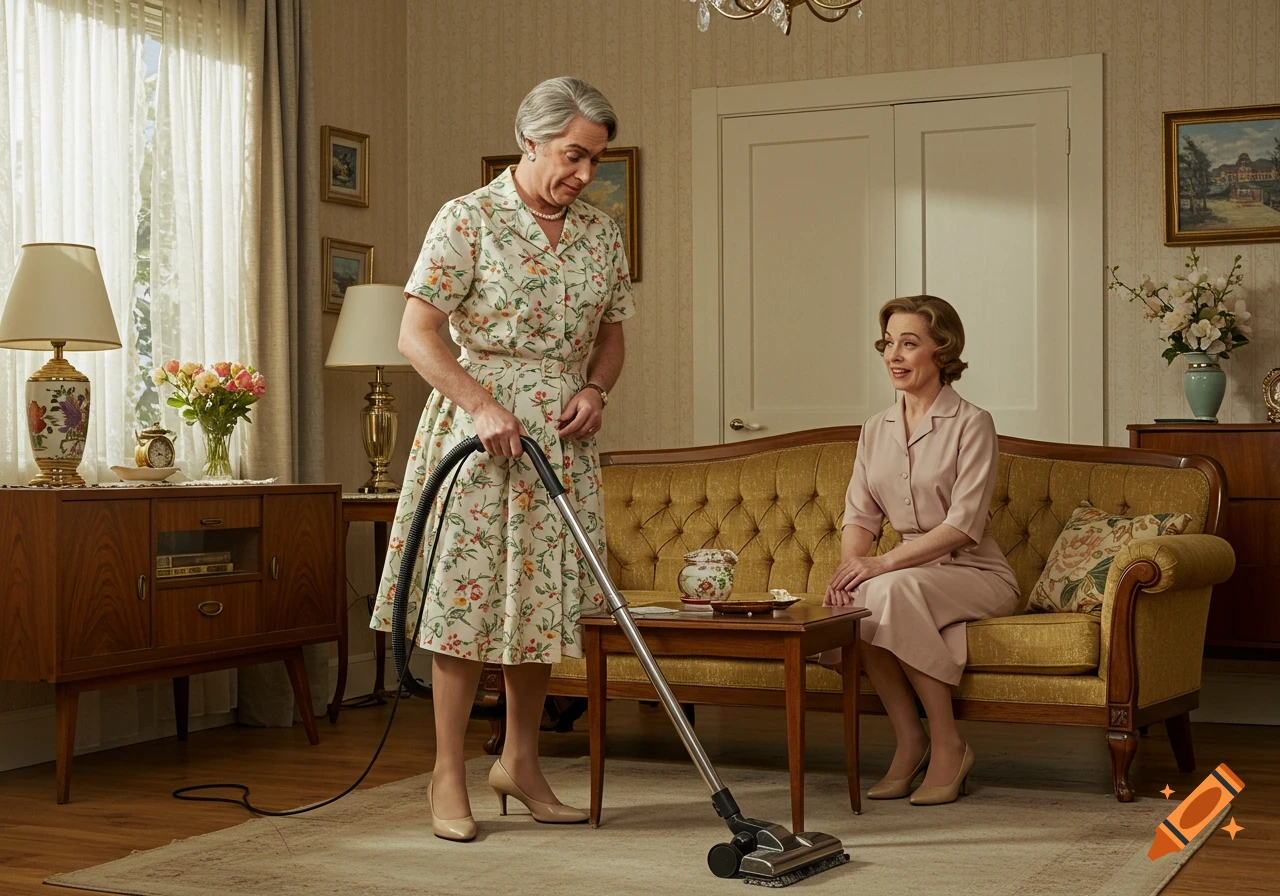 A crossdressed person in a floral 1950s dress vacuums a living room while a woman watches from a couch.