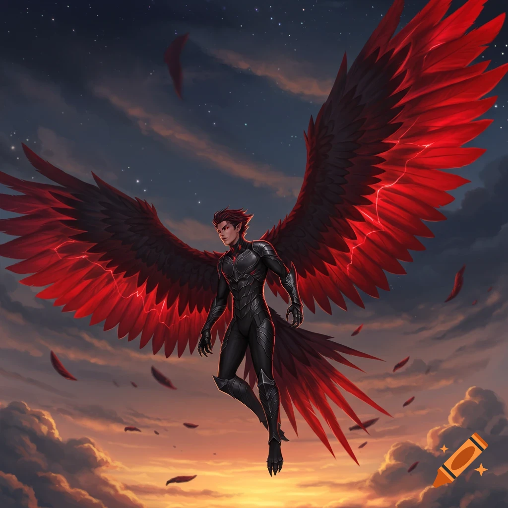 A male character with massive black and red wings and a black armored suit floats in a twilight sky with clouds.