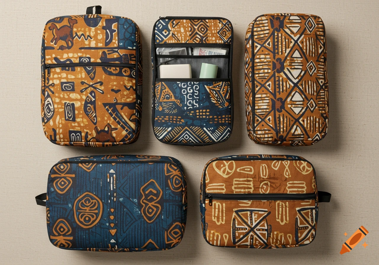 Five packing cubes with orange, brown, and blue African mudcloth patterns arranged on a beige surface.