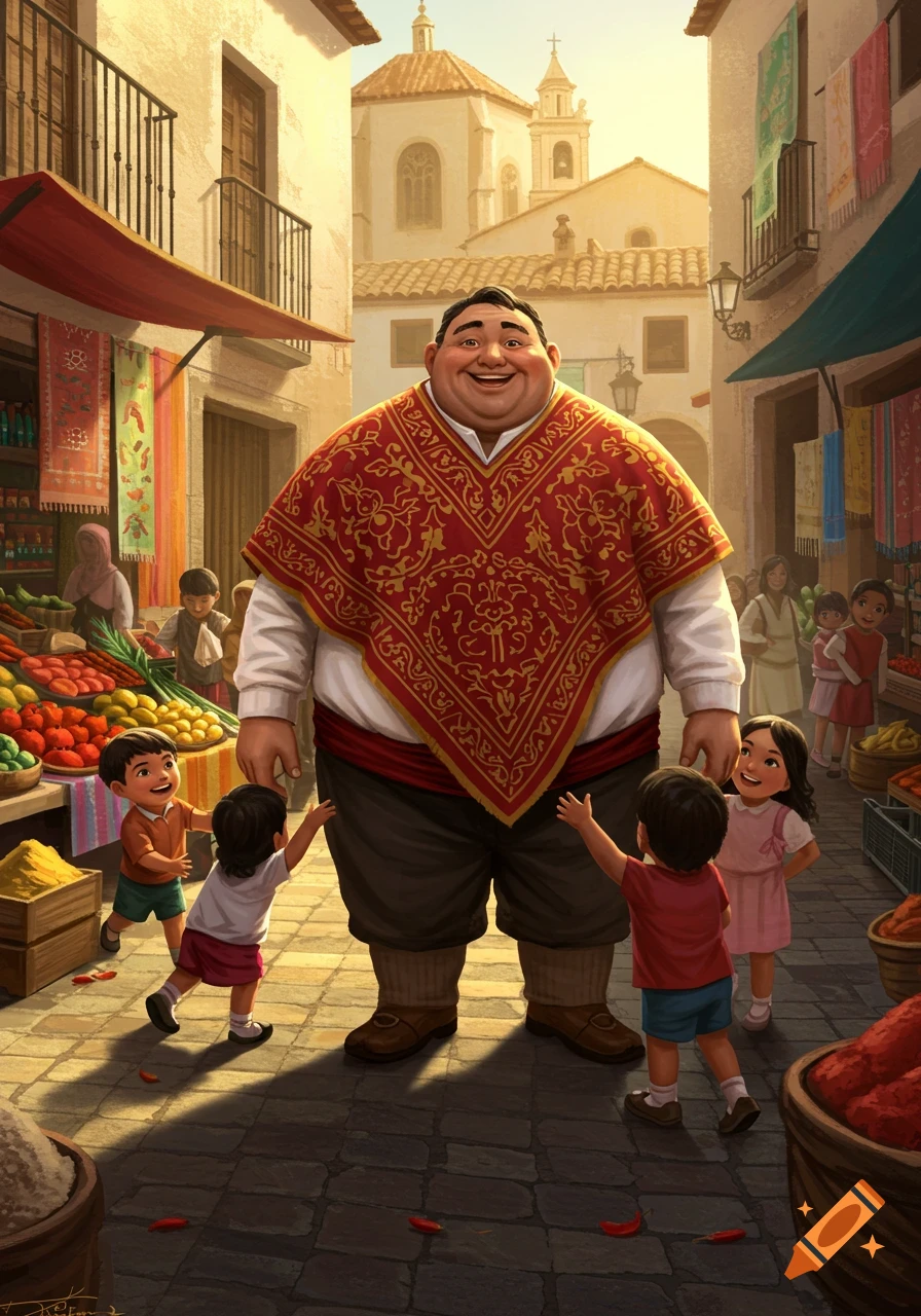 A smiling large man in a red poncho stands in a bustling market street with children reaching up to him.