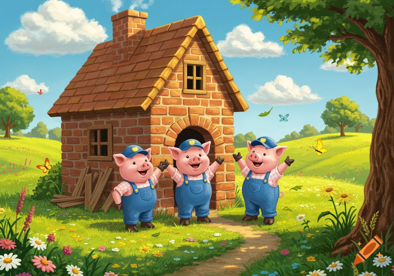 Three cheerful cartoon pigs wearing blue overalls stand in front of a brick house on a sunny green hill.