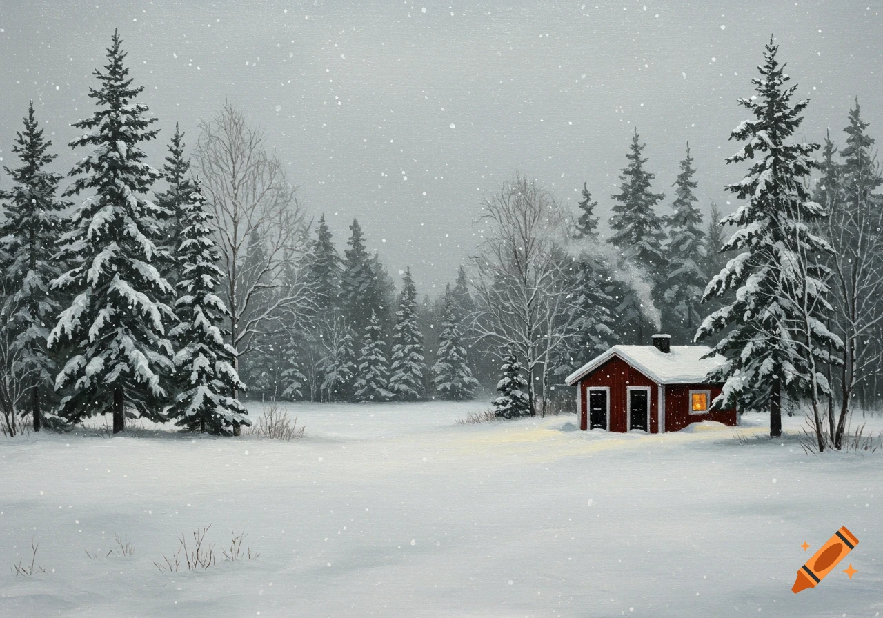 An oil painting of a snow-covered winter landscape with tall evergreen trees and a small red cabin.