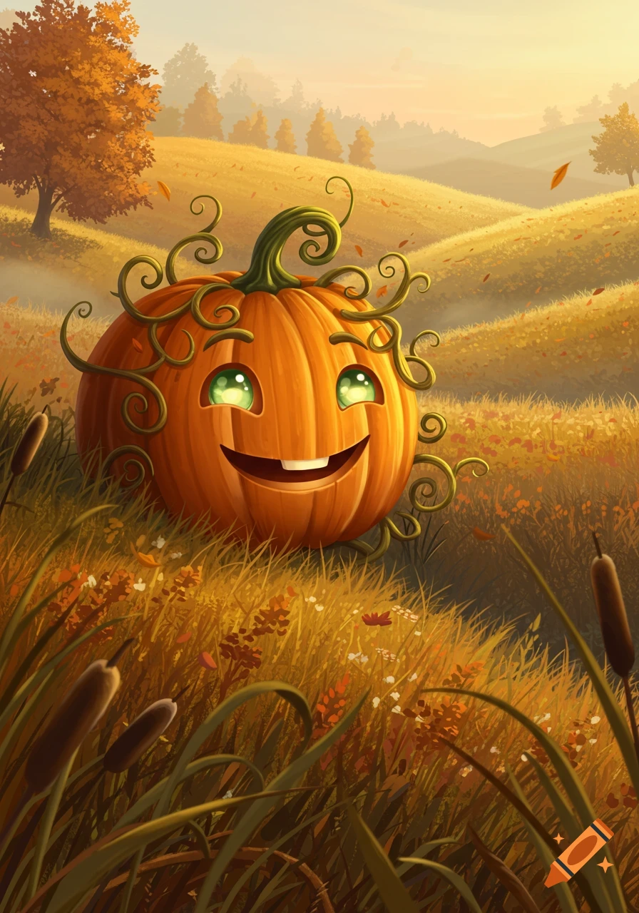 A smiling pumpkin with green eyes and curly vines in a golden autumn field, cartoon style.