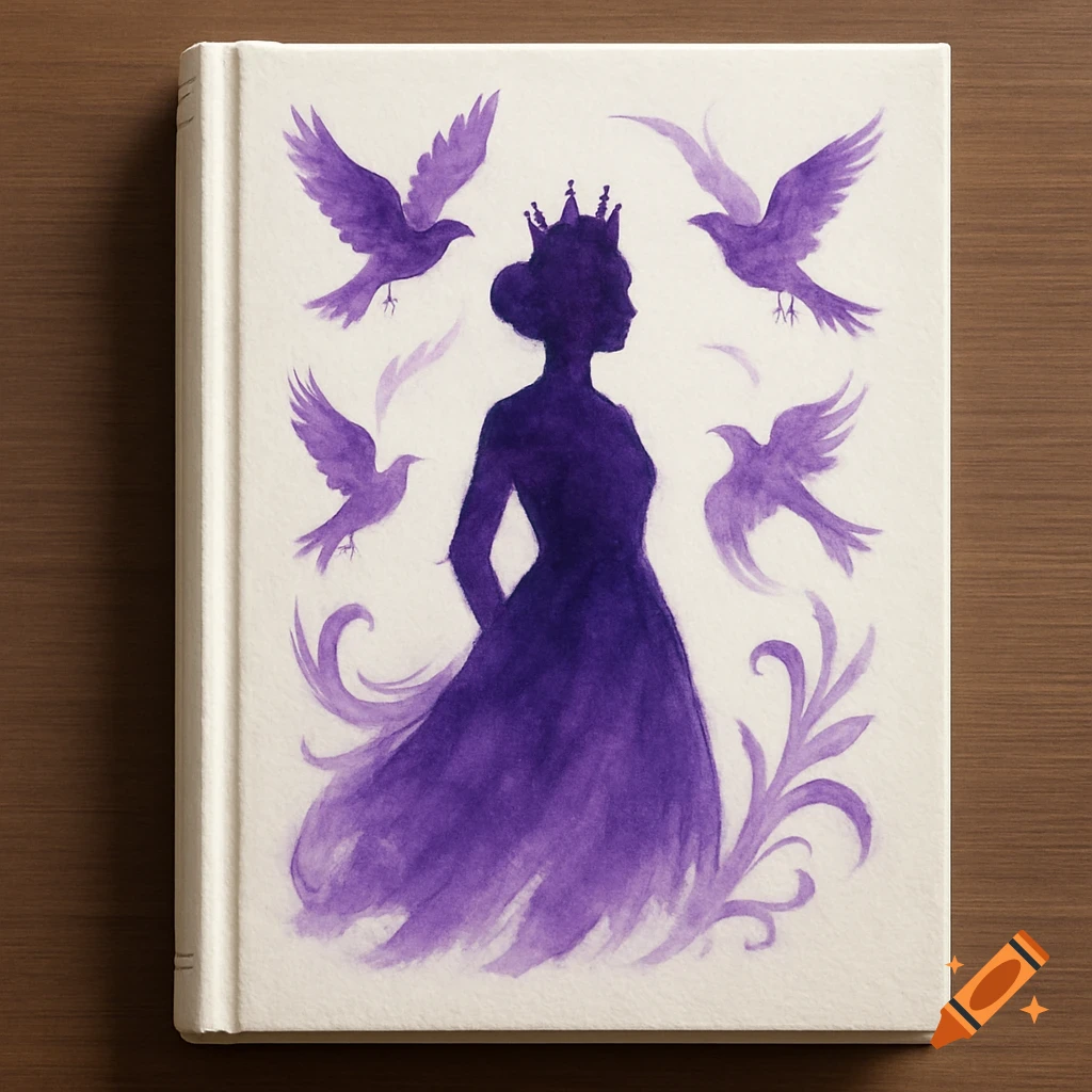 A white book cover features a purple watercolor silhouette of a crowned queen in a gown, surrounded by flying birds and decorative swirls.
