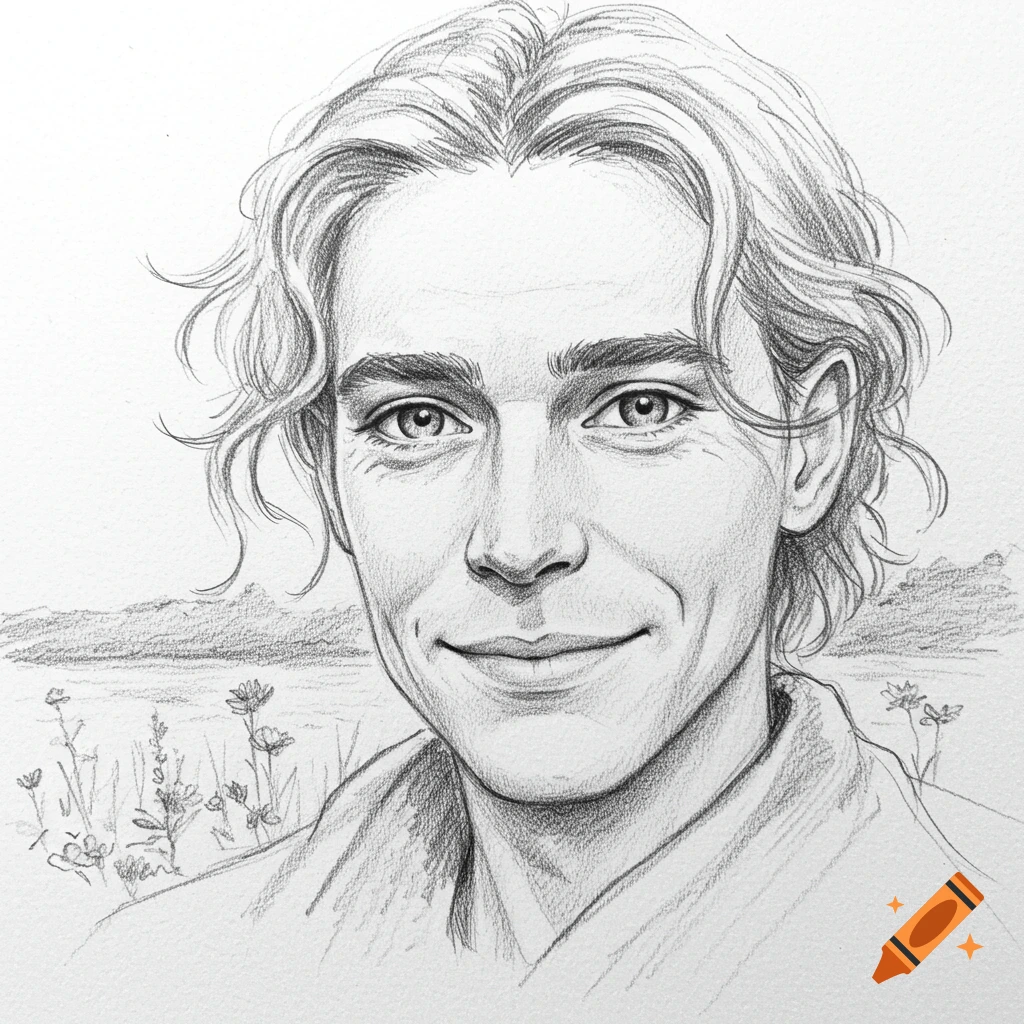 Pencil sketch portrait of a smiling young person with wavy hair, with a subtle landscape and flowers in the background.