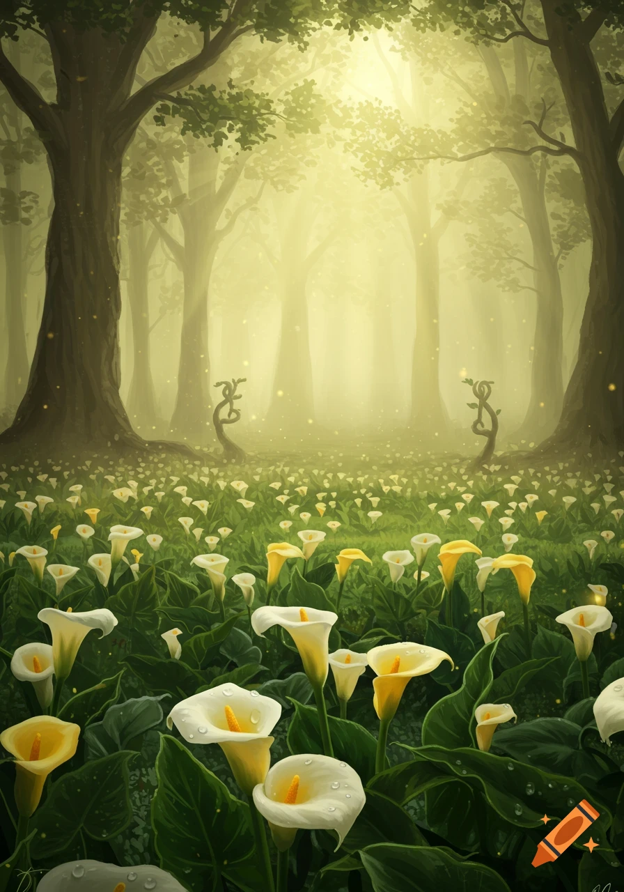 Sun rays shine through a mystical forest filled with white and yellow calla lilies.