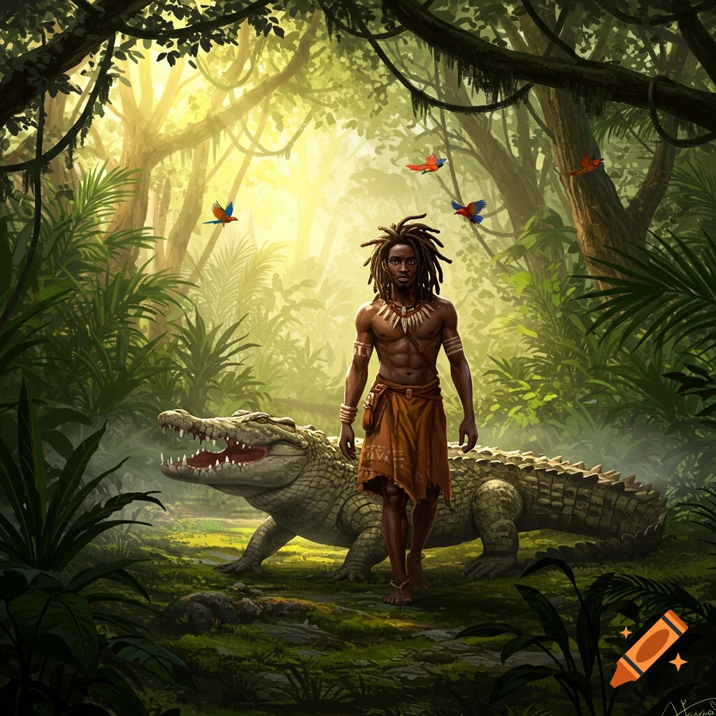 An African man with dreadlocks and a loincloth walks through a lush jungle with a large crocodile beside him, under bright sunlight.