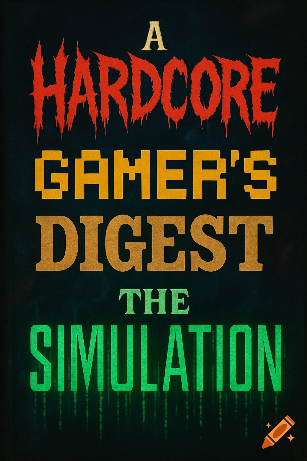 A poster with a book title: "A HARDCORE GAMER'S DIGEST THE SIMULATION". "Hardcore" is red and spooky. "Gamer's" is pixelated. "Digest" is brown. "The Simulation" is green and matrix-like with code rain.