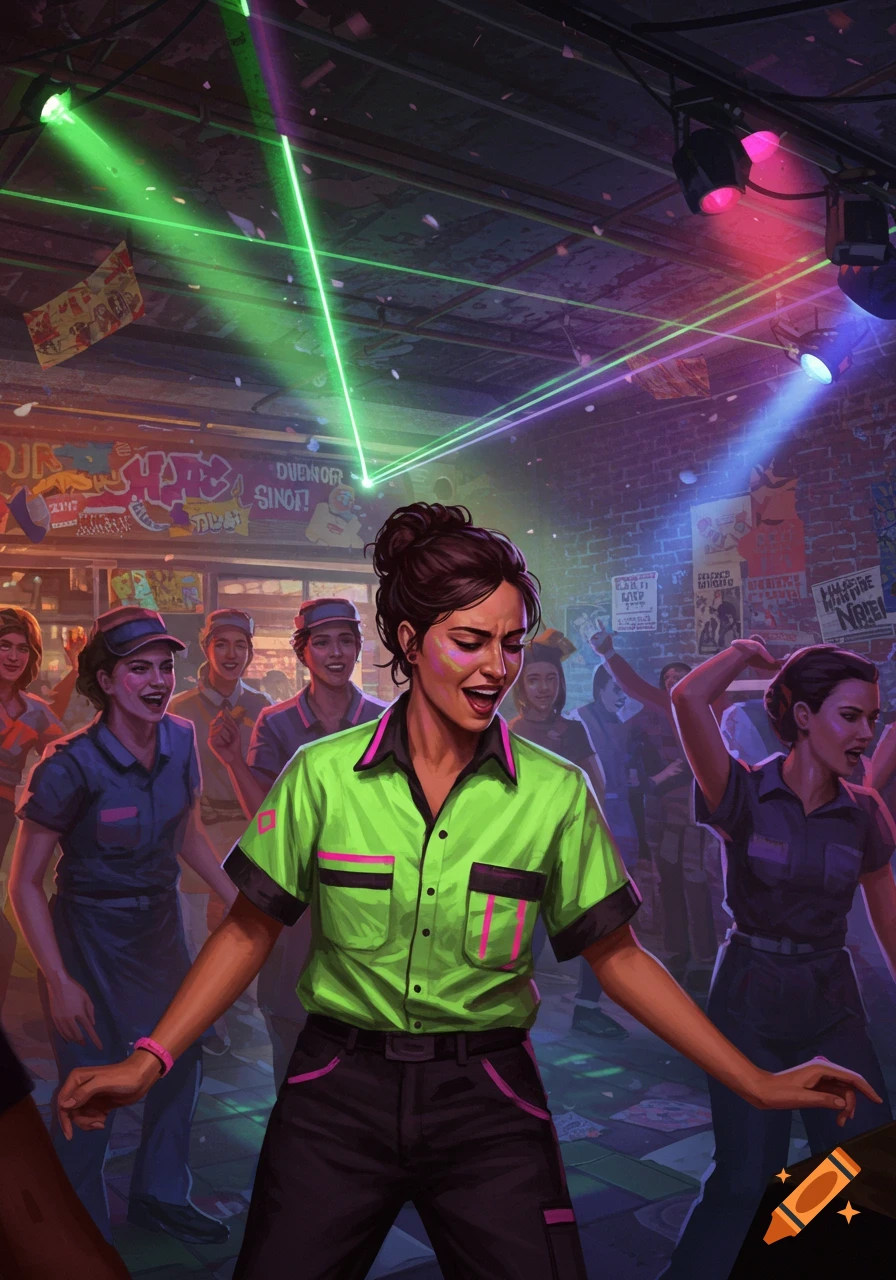 A brunette woman in a bright green and pink shirt dances enthusiastically in a lively club with laser lights and other party-goers.