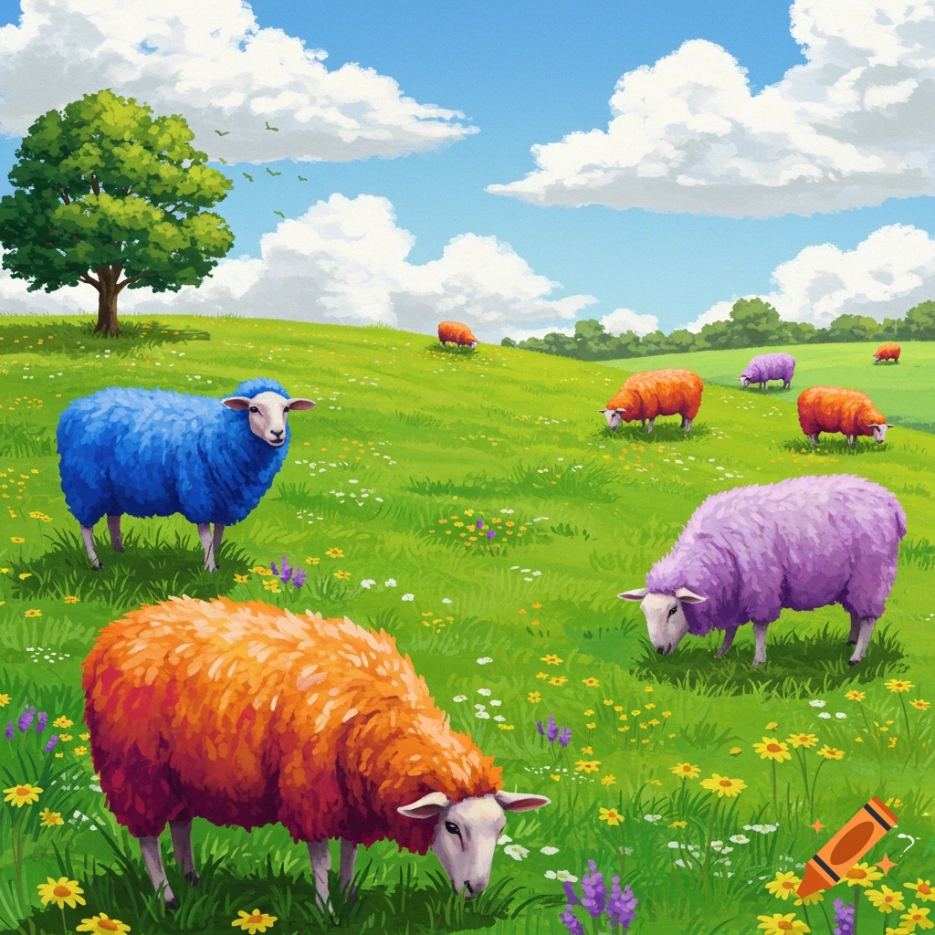 A vibrant green hillside under a blue sky with fluffy clouds, featuring blue, orange, and purple sheep grazing among wildflowers.