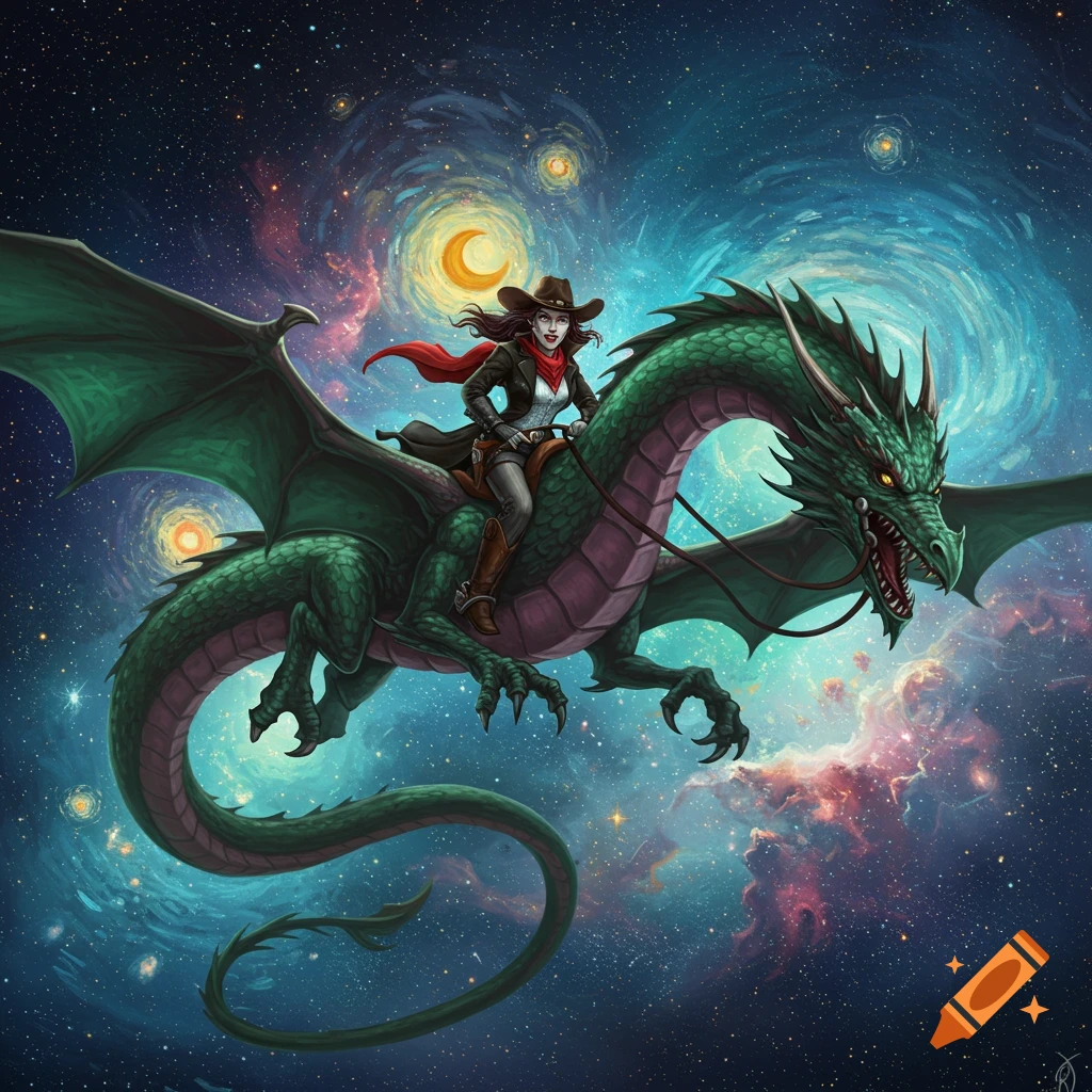 A cowgirl in a cowboy hat and duster coat rides a large green dragon through a swirling, starry space reminiscent of Van Gogh's style.