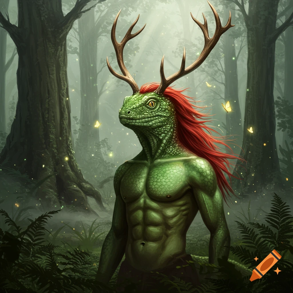 A muscular green lizard-man with red hair and antlers stands in a misty, magical forest with glowing particles and butterflies.
