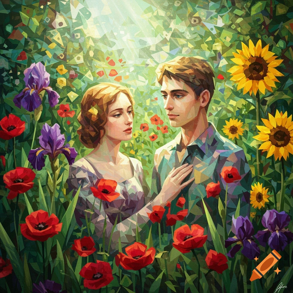 Cubist painting of a man and woman in a vibrant flower garden with poppies, irises, and sunflowers.