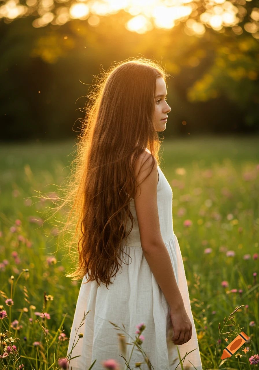 Young girl with long brown hair standing in a sunlit field with flowers.