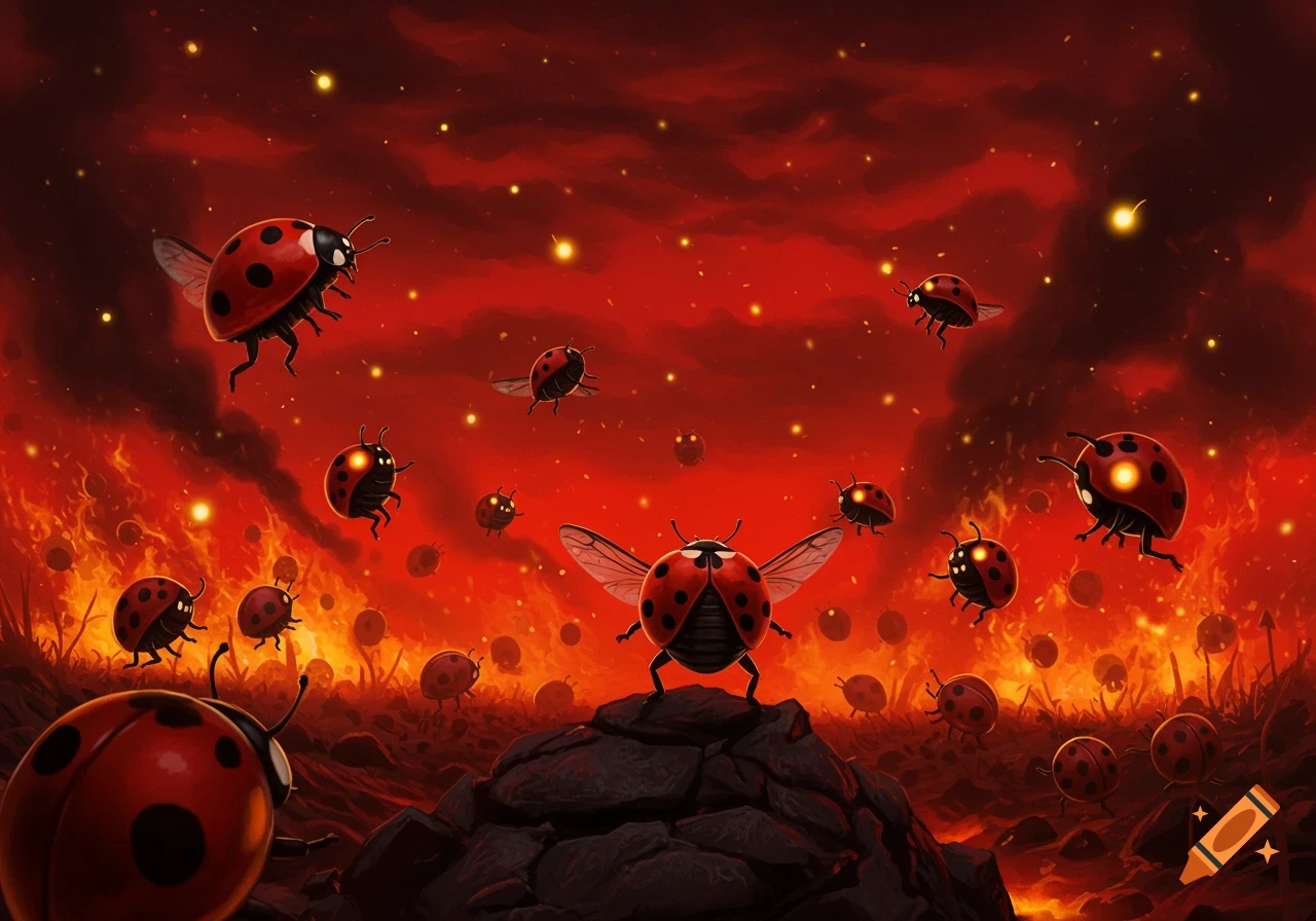 An illustrated scene of many ladybugs in a fiery, hellish landscape under a red, smoky sky, with some flying and one standing on a rock.