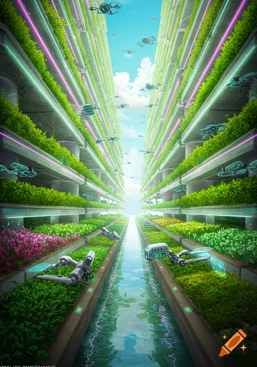 A futuristic urban farm with towering green vertical gardens, glowing neon lights, and drones flying, leading to a bright horizon.