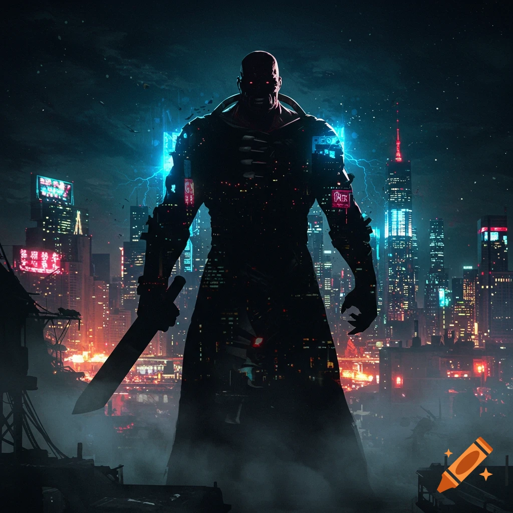 A towering, silhouetted monster with red eyes and a large sword stands in a futuristic, neon-lit city at night, with the cityscape visible through its form.