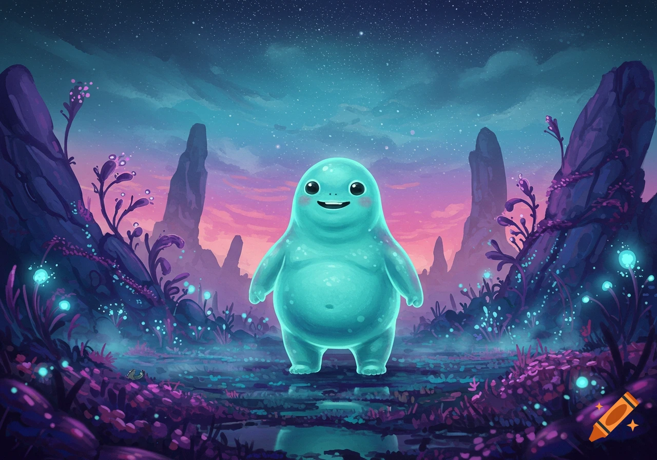 A cute, turquoise, blob-like alien with a happy expression stands in a vibrant purple and blue fantasy landscape with glowing plants and rocky spires, digital illustration.