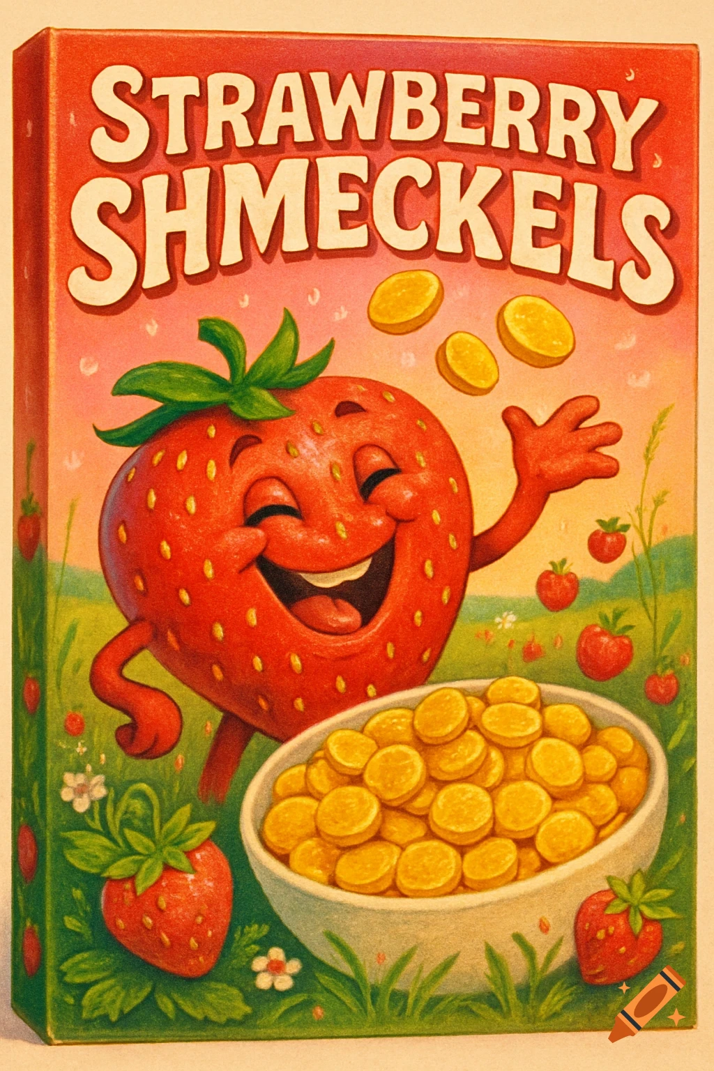 A vintage-style illustration of a red cereal box with a happy cartoon strawberry character, labeled "STRAWBERRY SHMECKELS."