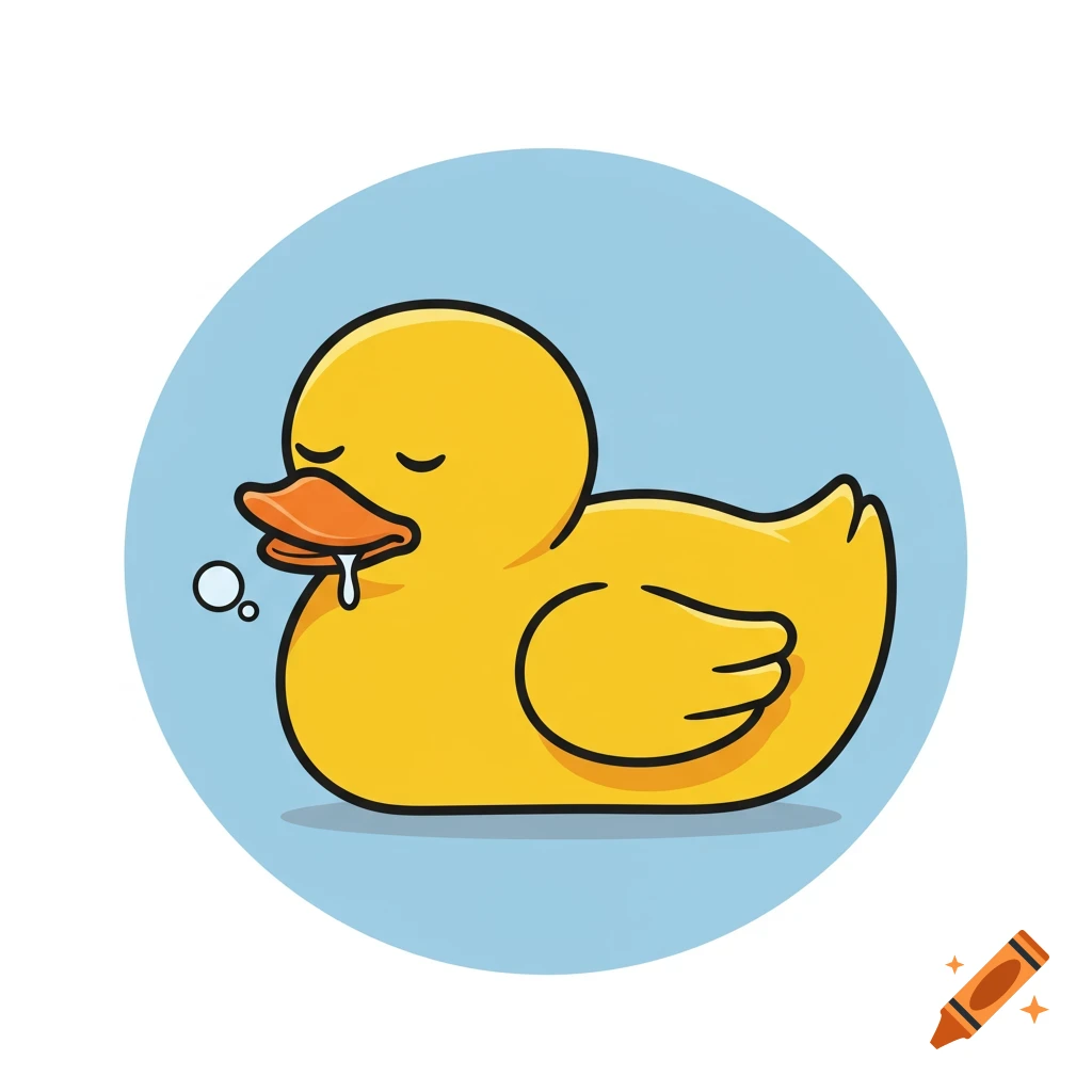 A cute, yellow cartoon rubber duck sleeping and drooling in a blue circle.