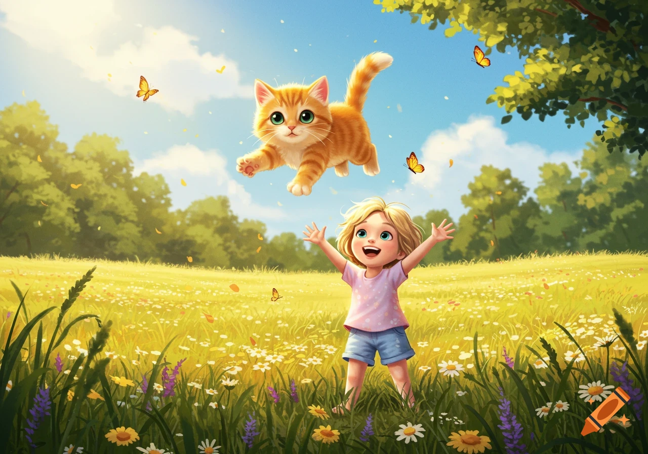 A happy cartoon blond girl looks up at a floating orange kitten in a sunny field with wildflowers and butterflies.