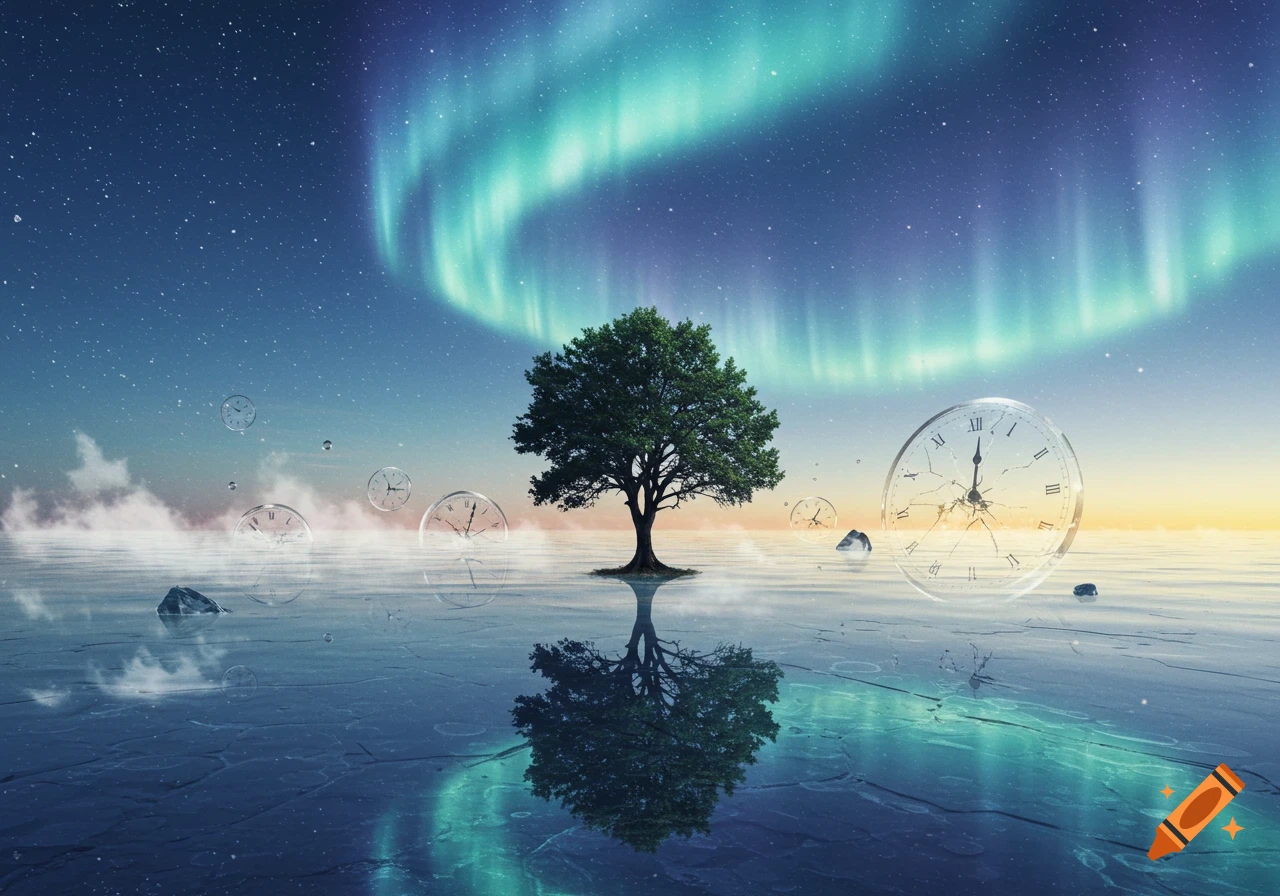 A surreal landscape features a lone tree on a cracked, reflective surface under a vibrant aurora-lit sky, with floating, broken clocks.