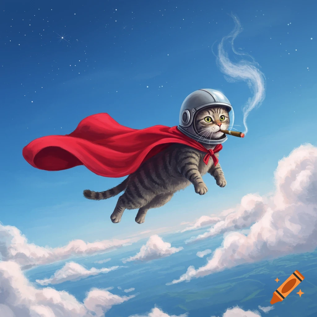 A tabby cat wearing a red cape and space helmet flies through a blue sky, smoking a cigar.