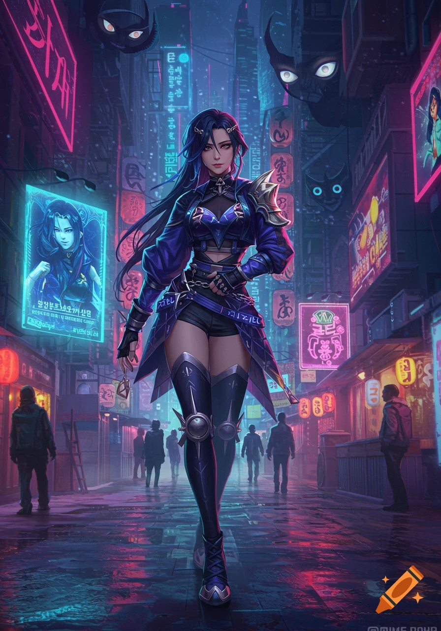 A female warrior with long dark hair, wearing purple and black armor, walks confidently down a neon-lit cyberpunk street at night.