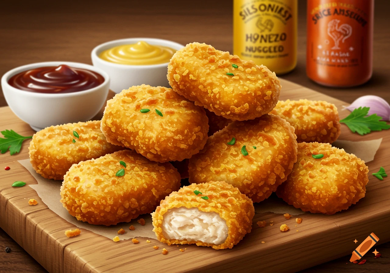 Close-up shot of golden-brown chicken nuggets on a wooden board, with one nugget bitten to reveal the white meat inside. Dipping sauces are in the background.