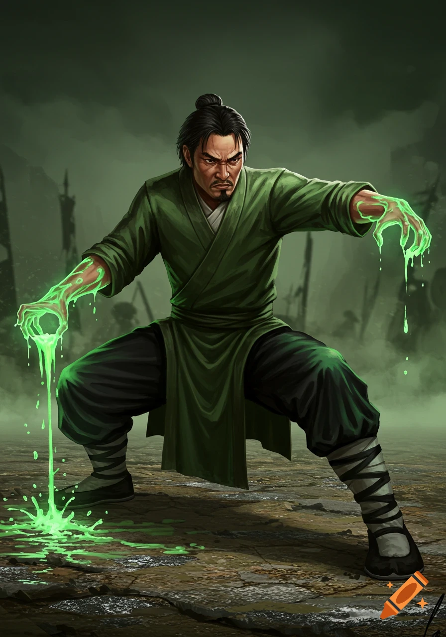 A scowling man in a green robe and black pants in a kung fu stance, with glowing green liquid dripping from his hands.