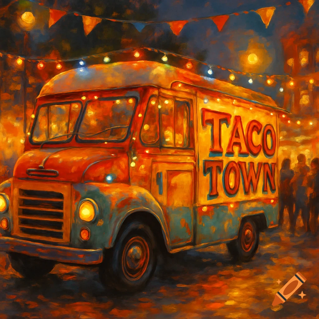 A vibrant, painterly image of a red and teal taco truck at night, illuminated by string lights, with people in the background.