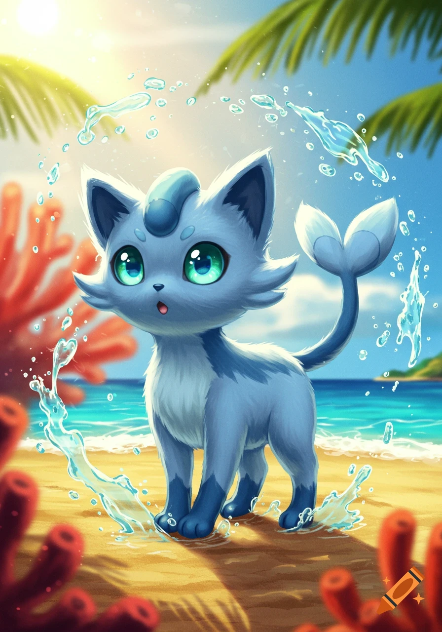 A cute, light blue, cat-like Pokémon with large green eyes and a fin-like tail stands on a sandy beach with water splashing around it, under a bright sun.
