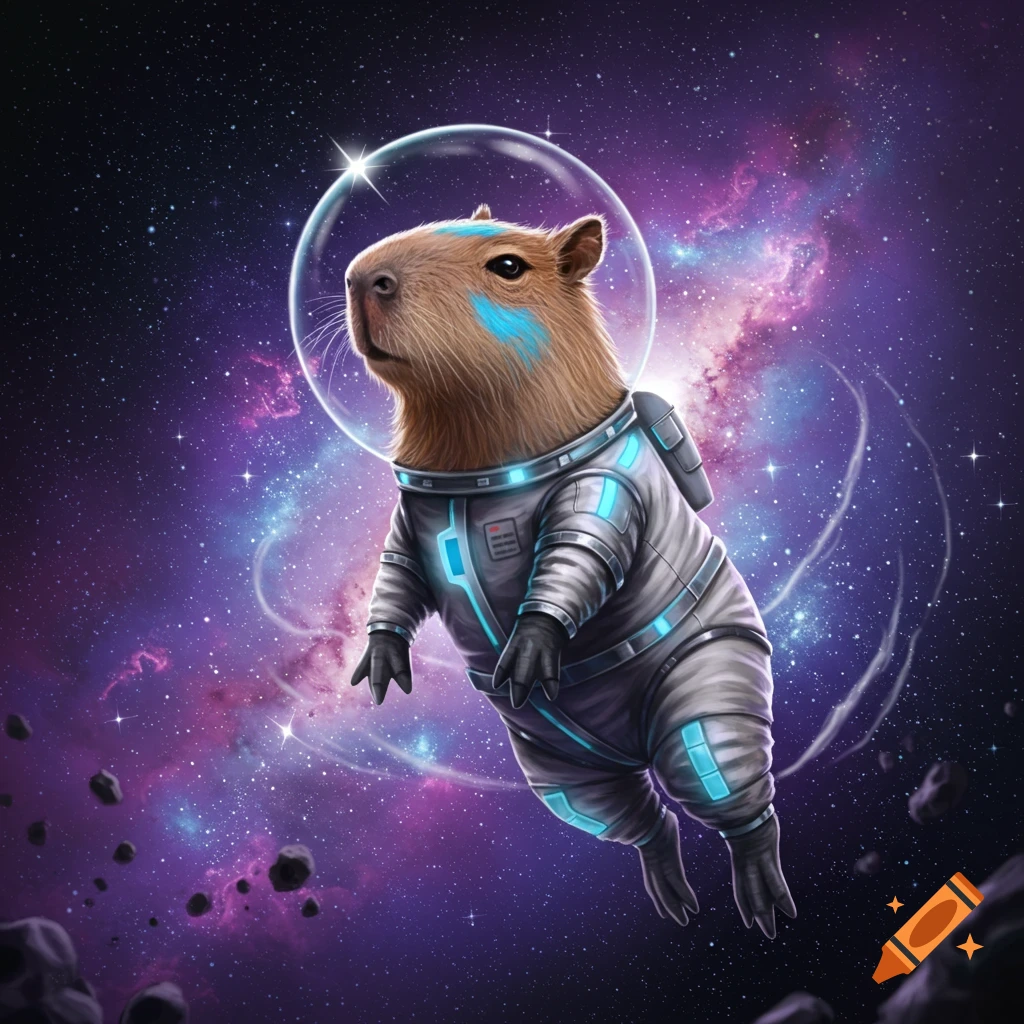 An adorable capybara with a blue streak on its face floats in a space suit amidst a vibrant purple and blue galaxy with stars and asteroids.