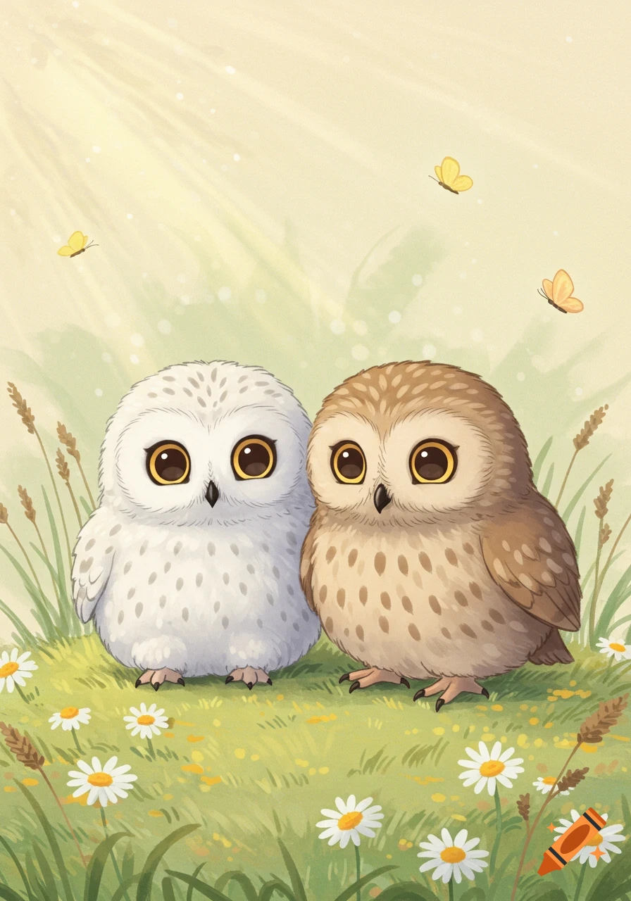 Two cute cartoon owl chicks, a white snowy owl and a brown burrowing owl, sit in a field of daisies with butterflies flying.