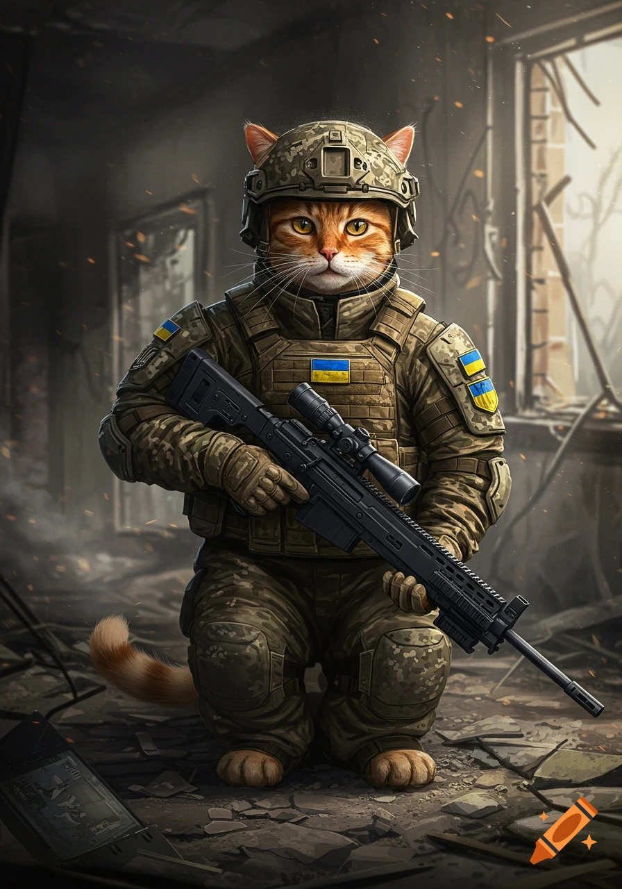 An orange tabby cat in Ukrainian military uniform and helmet, holding a sniper rifle, sits in a bombed-out building.