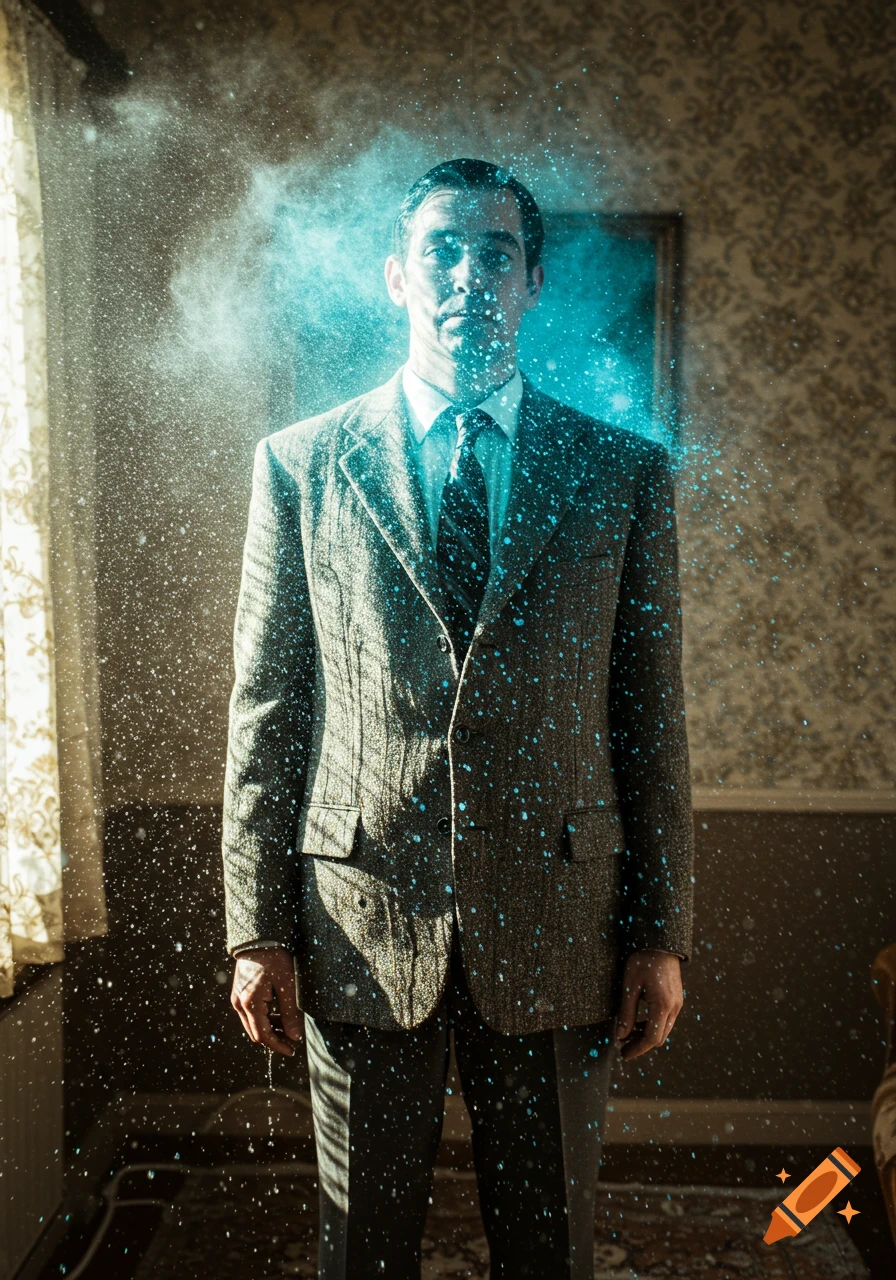 Man in a gray tweed suit stands as blue liquid sprays around him in a room with patterned wallpaper.