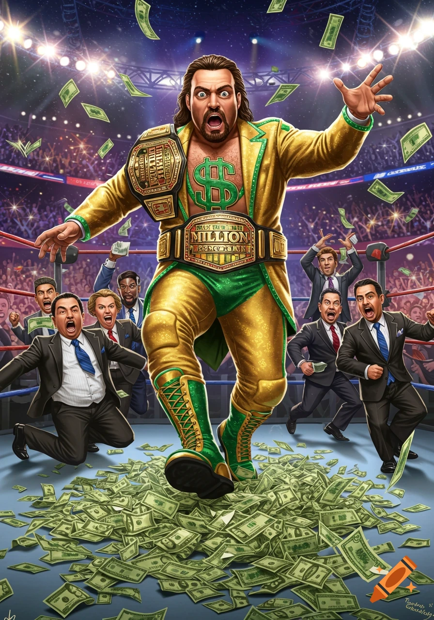 A cartoon-style image of a wrestler in a gold and green suit and 'Million Dollar Man' belt standing on a pile of money in a wrestling ring, as men in suits scatter.