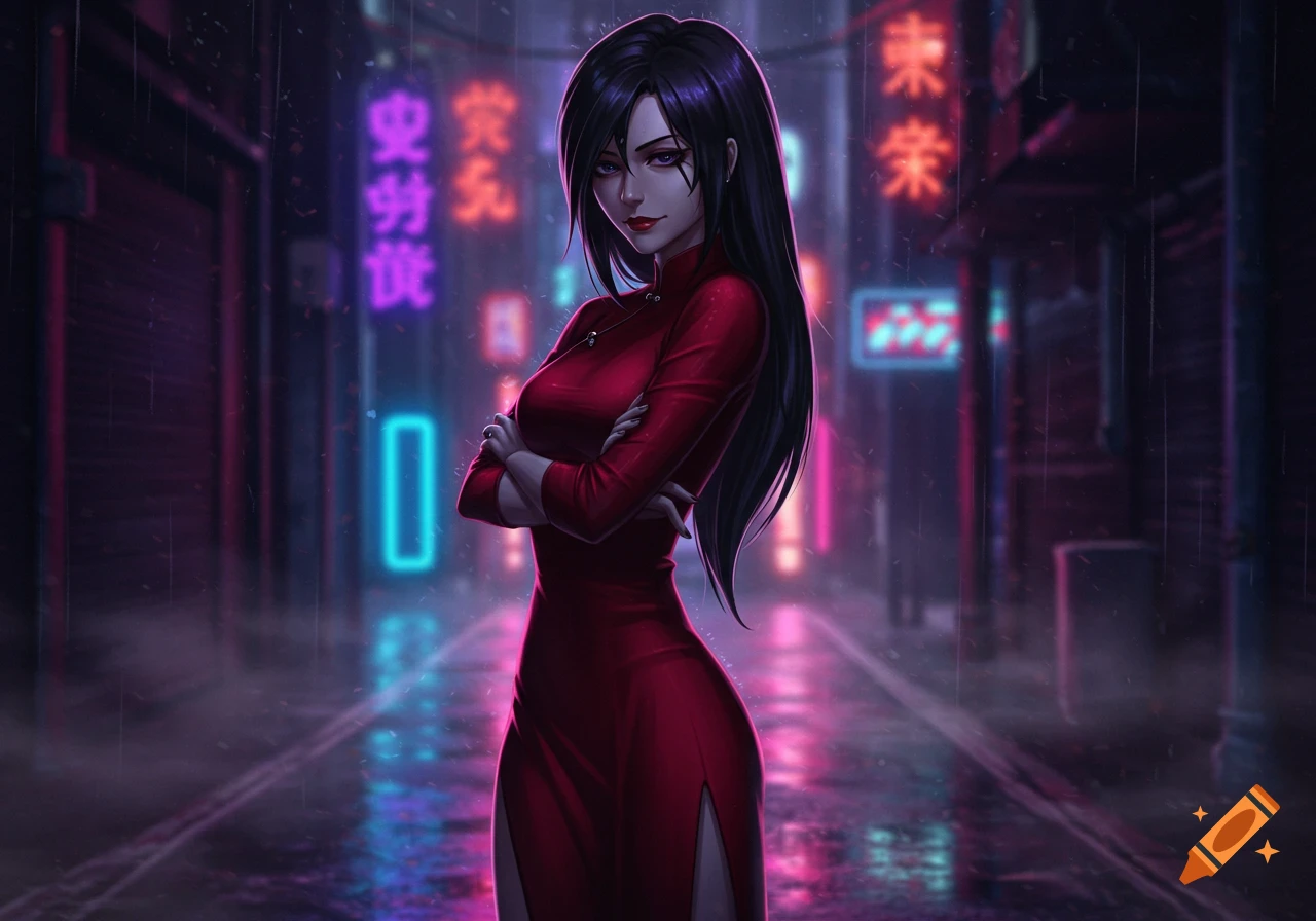 An anime woman with long black hair and a red dress stands in a rainy neon-lit cyberpunk city street, arms crossed.