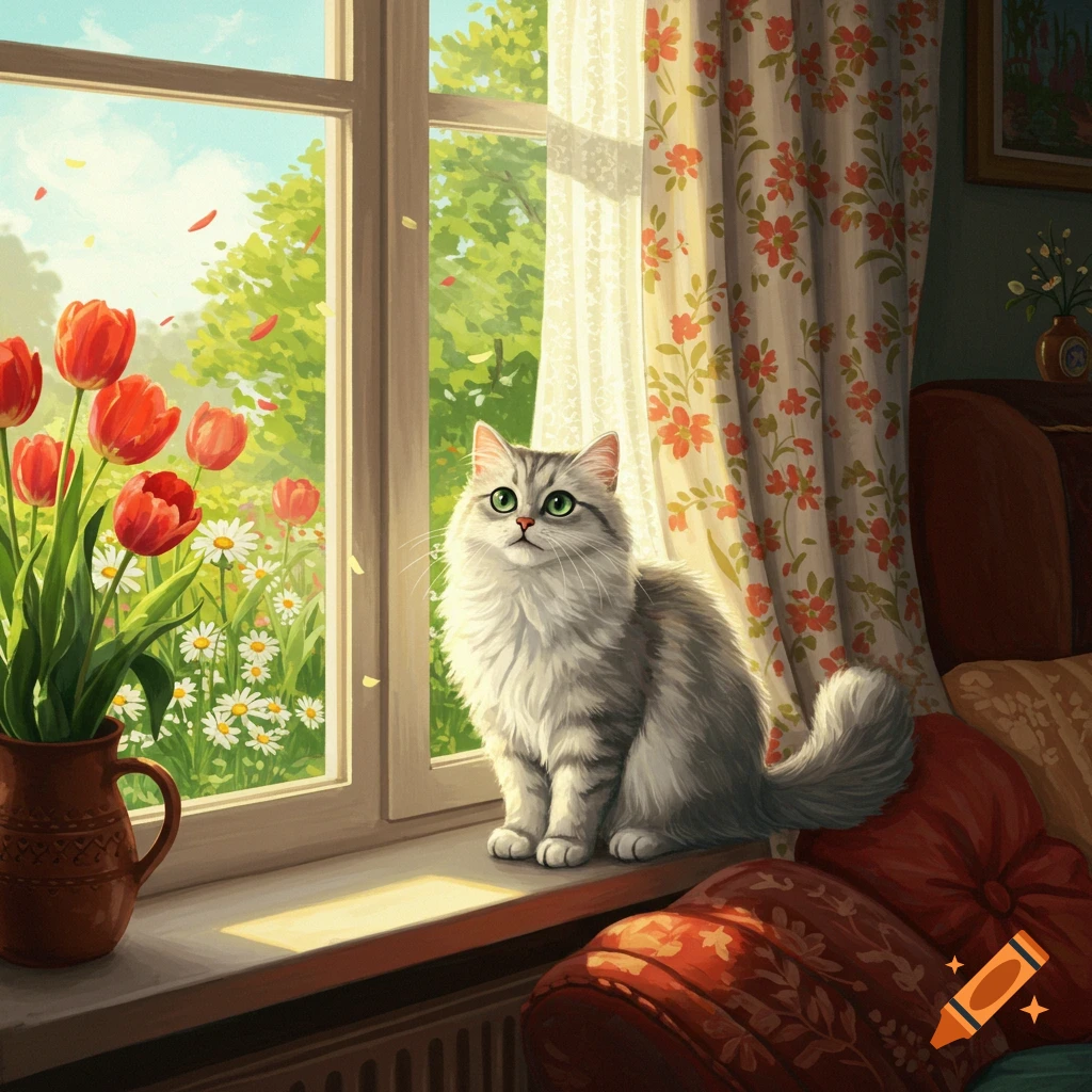A fluffy grey and white cat with green eyes sits on a sunlit windowsill next to a vase of red tulips, looking out at a green garden with daisies.