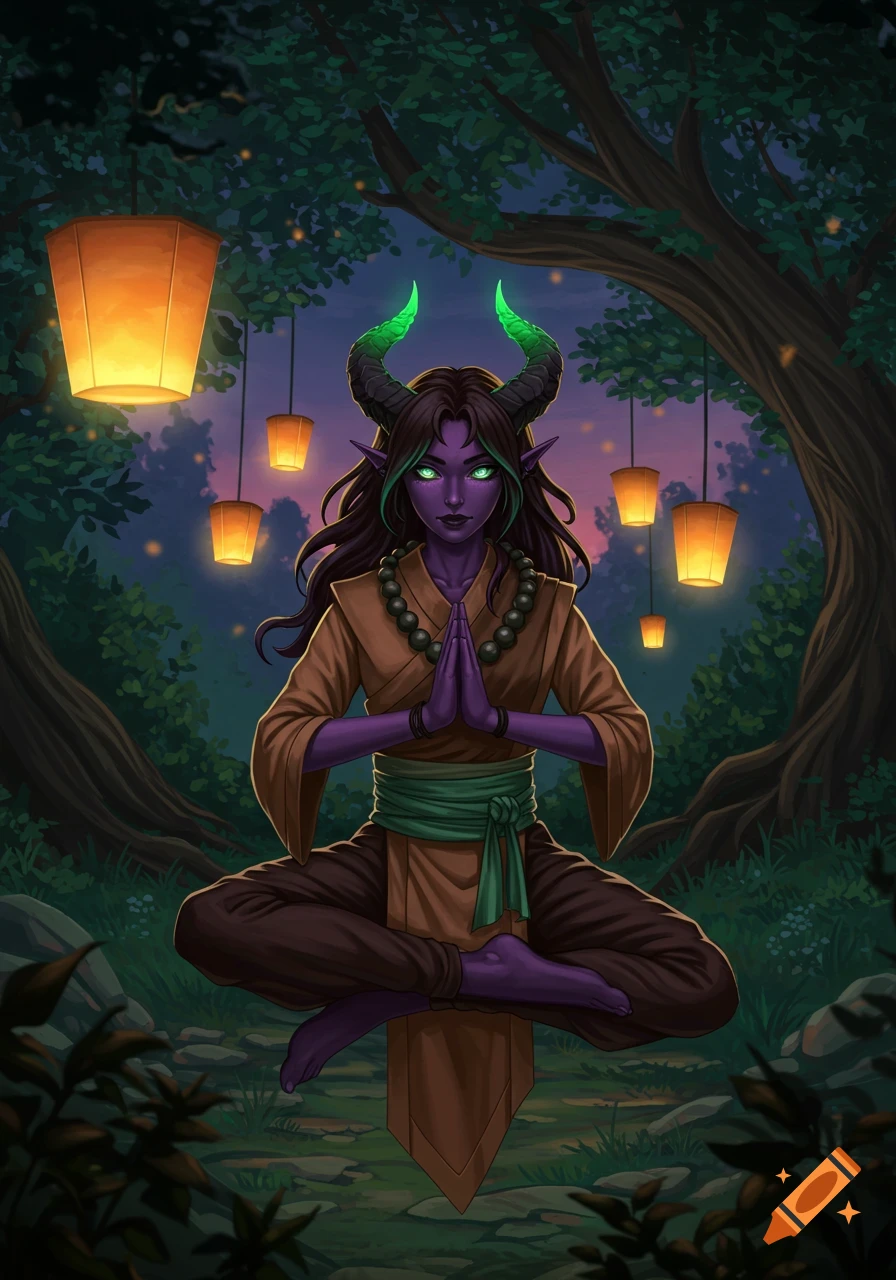 A purple-skinned Tiefling character with green-tipped horns and glowing green eyes meditates in a forest at dusk, surrounded by glowing lanterns.