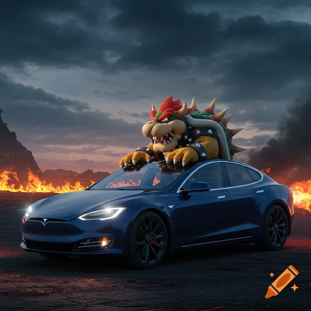Bowser, the Super Mario villain, on top of a blue Tesla Model S against a stormy, fiery landscape.