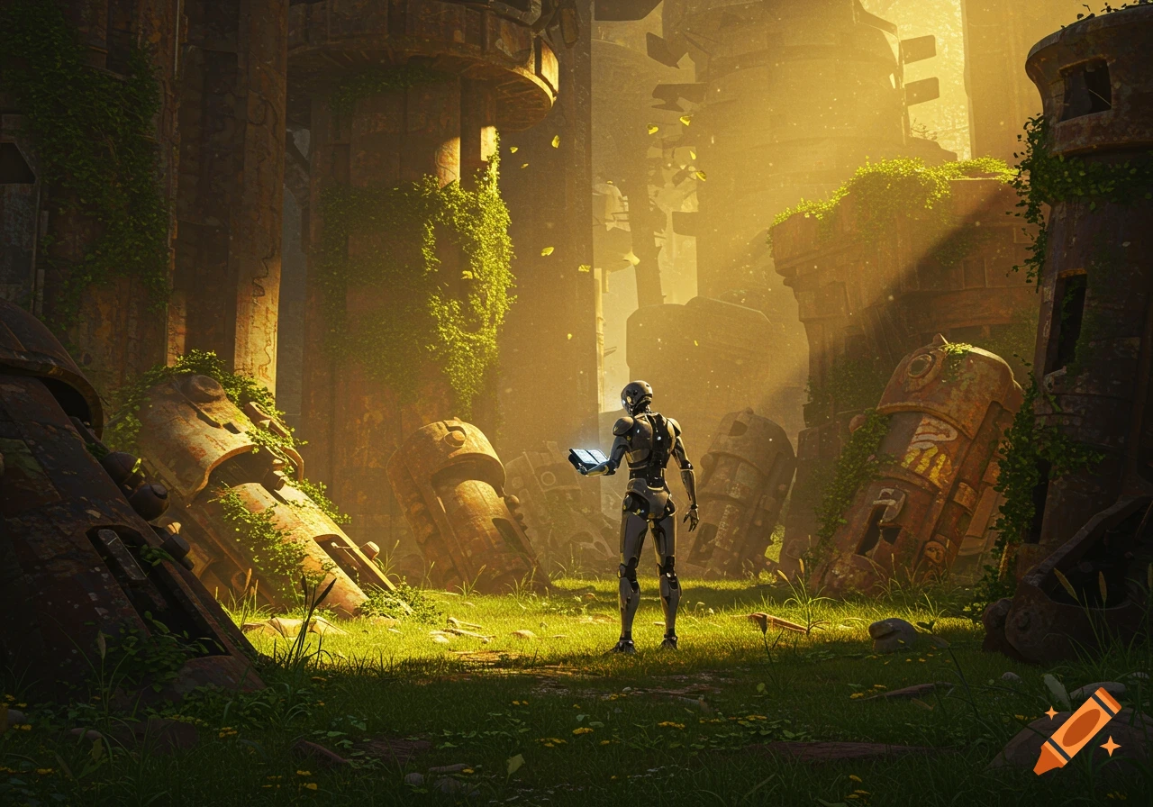 A lone robot stands in ancient, overgrown ruins illuminated by golden light, examining fallen relics.