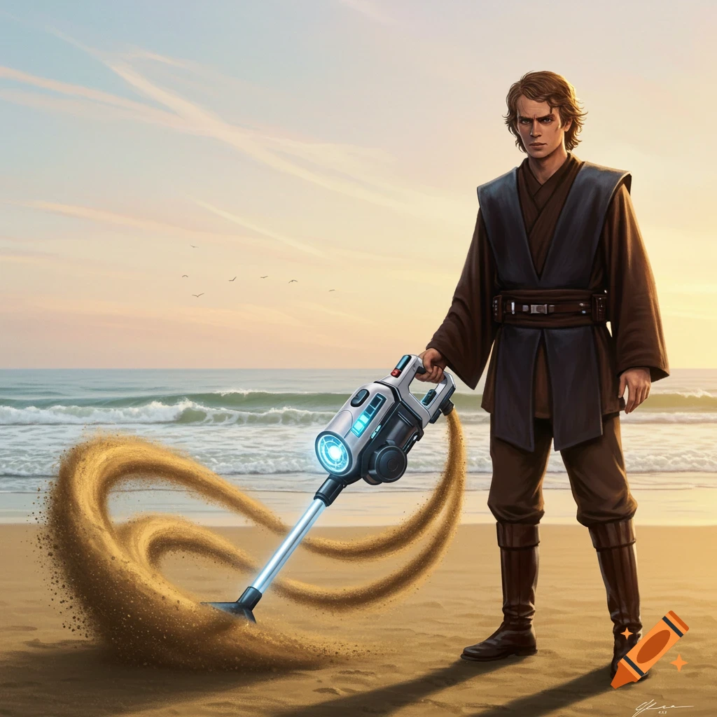 Anakin Skywalker vacuums swirling sand on a beach with the ocean and sunset behind him in a digital art style.
