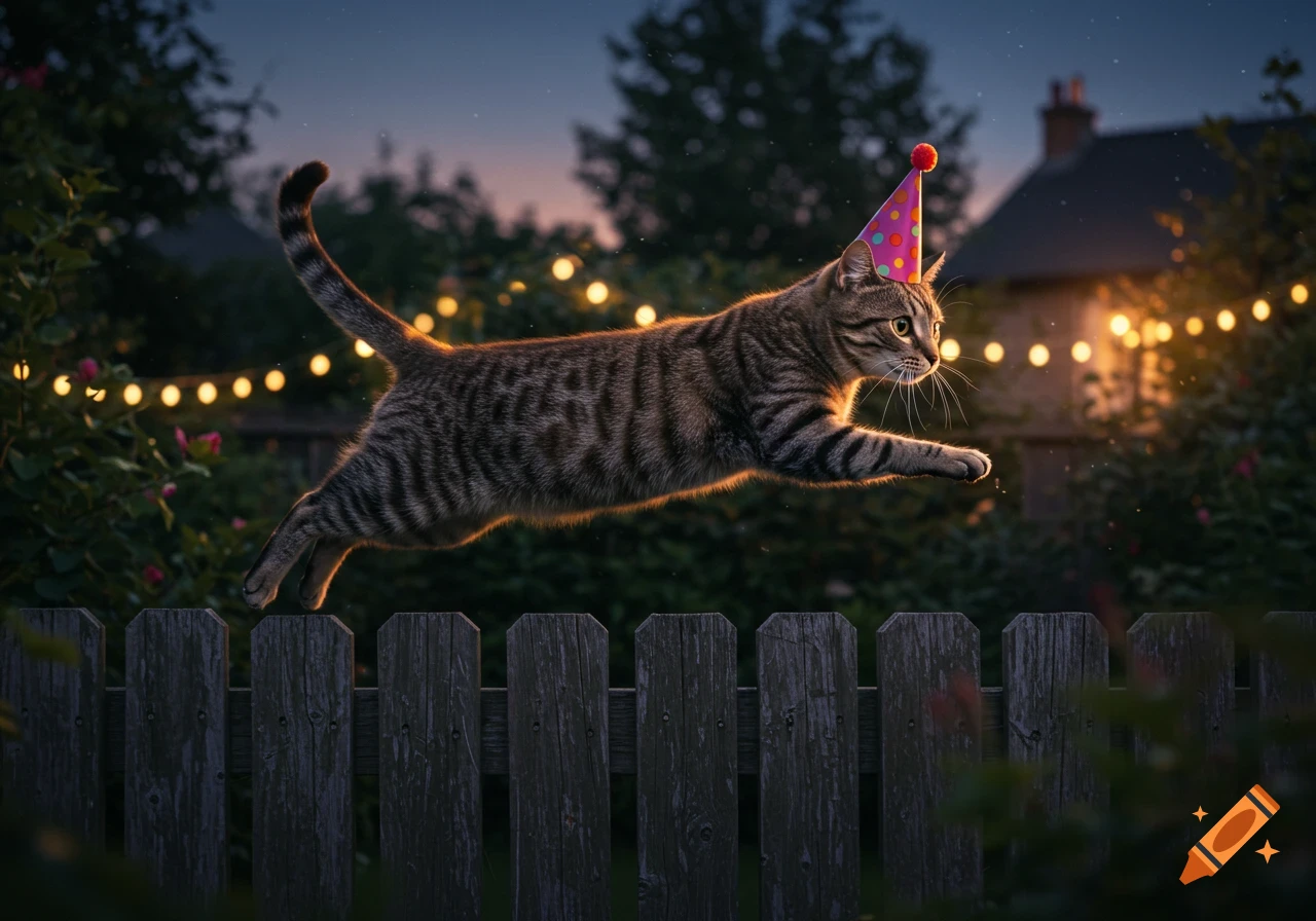 A tabby cat in a party hat jumps over a wooden fence under string lights at dusk.