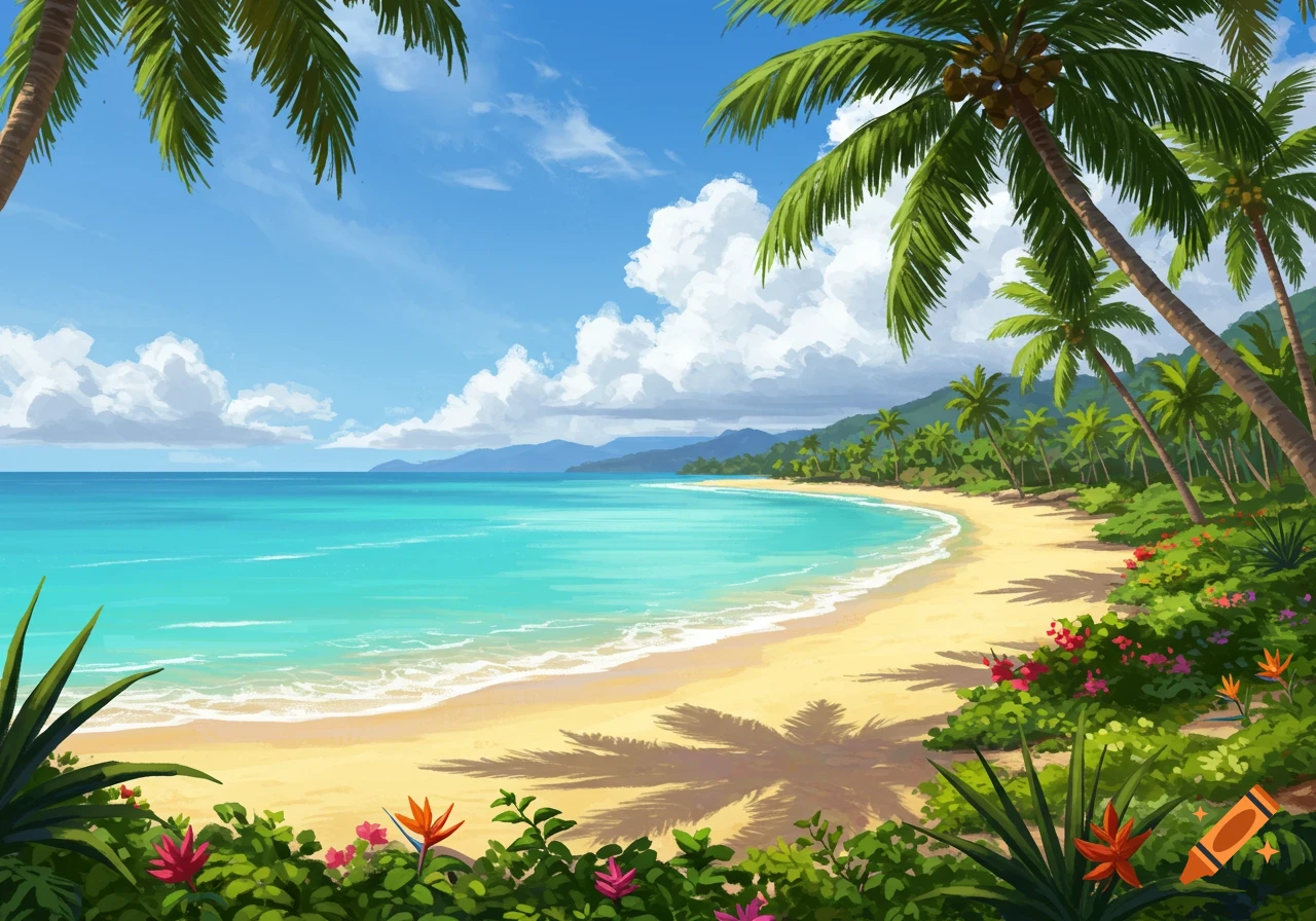 A vibrant illustration of a tropical beach with turquoise water, golden sand, lush green plants, and palm trees under a bright blue sky.