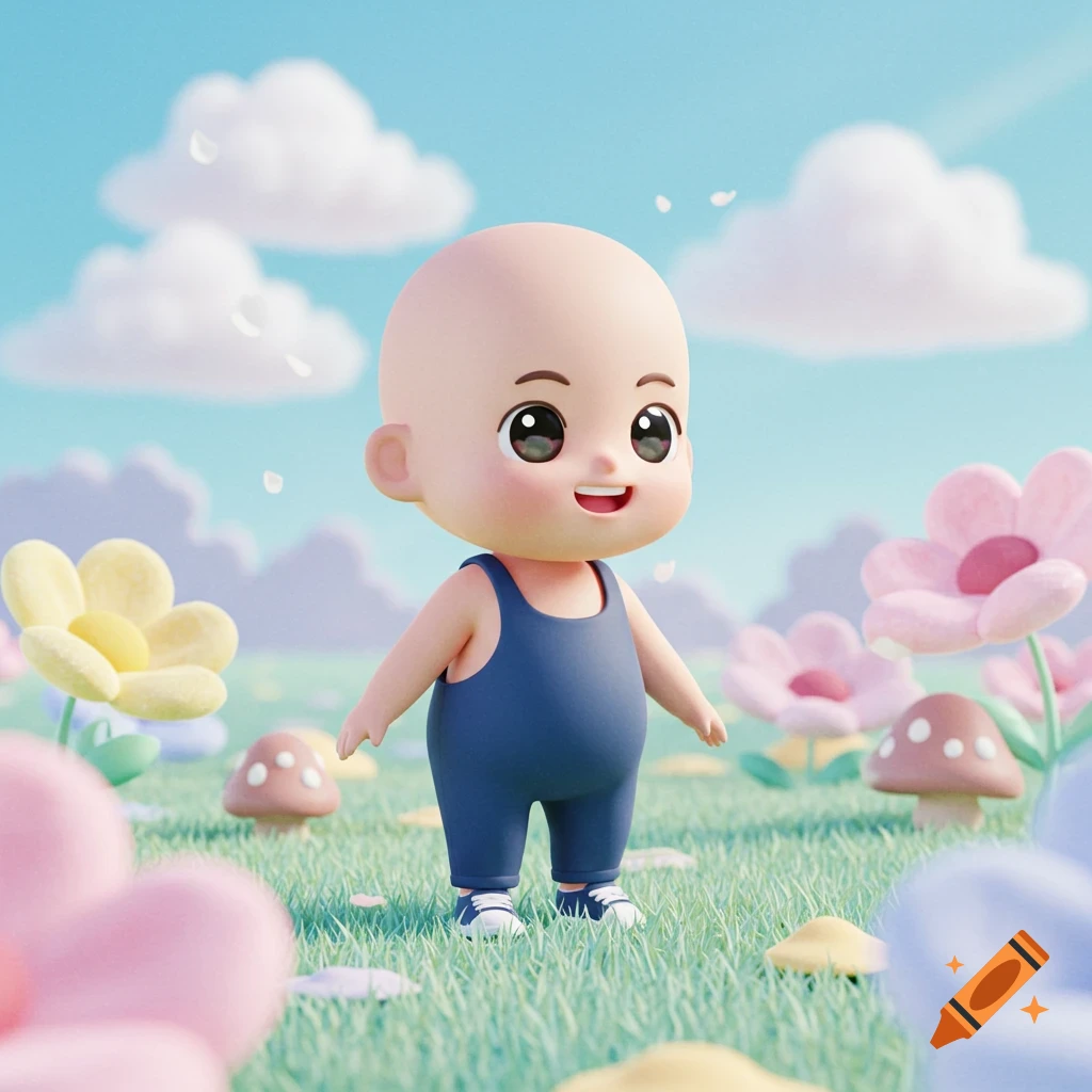A cute bald chibi character in blue overalls stands in a vibrant field with colorful flowers and mushrooms under a blue sky.