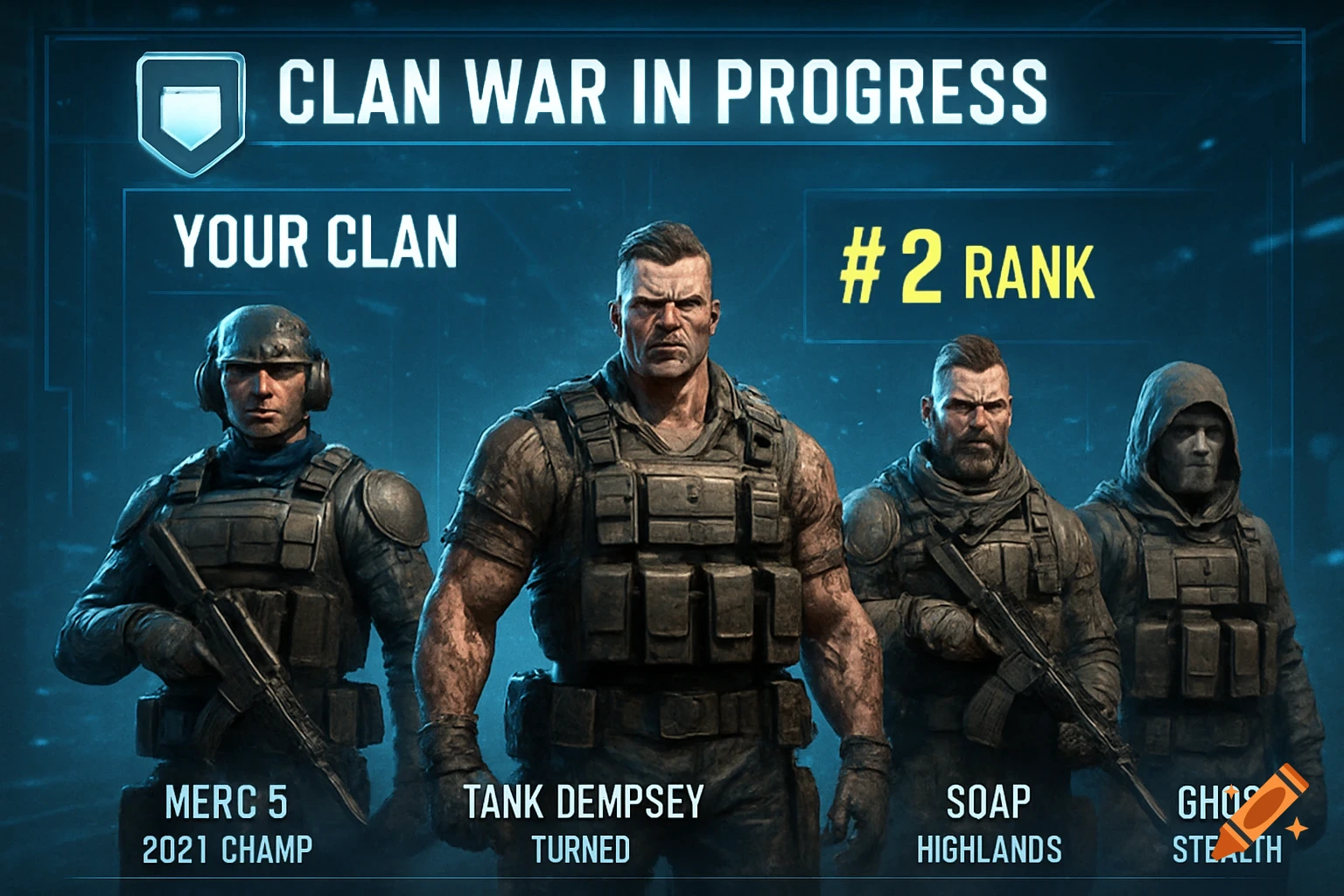 Four male military characters in tactical gear stand in front of a blue game screen with text "CLAN WAR IN PROGRESS" and character names.