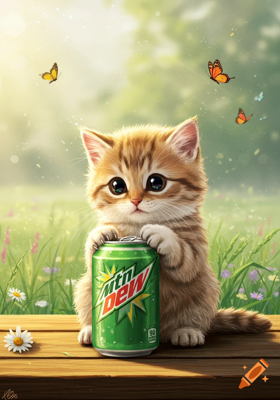 A cute fluffy kitten with big eyes hugs a green Mountain Dew can on a wooden surface outdoors, surrounded by grass and butterflies.