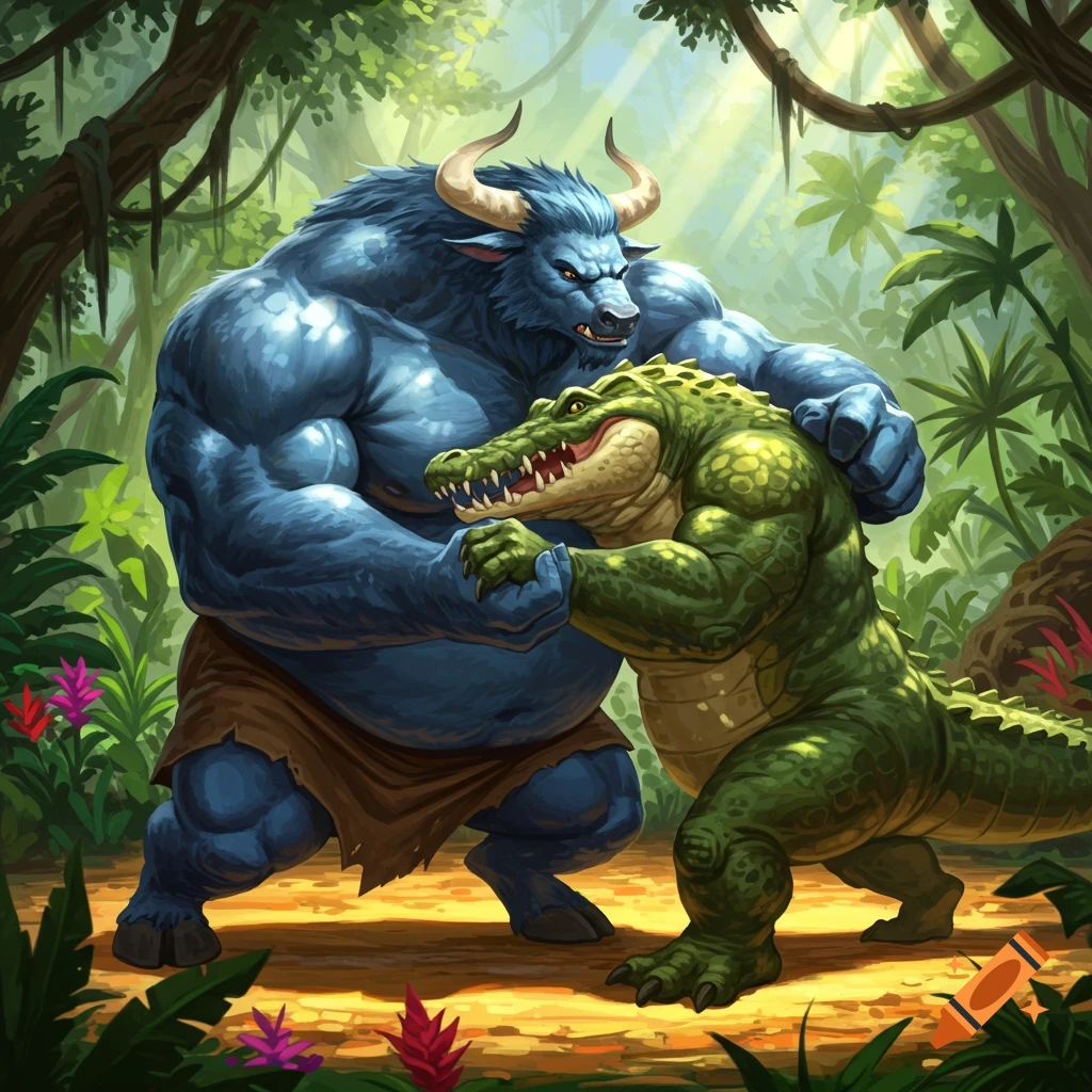 A muscular blue minotaur wrestles a green anthropomorphic crocodile in a lush jungle. Illustrative style.