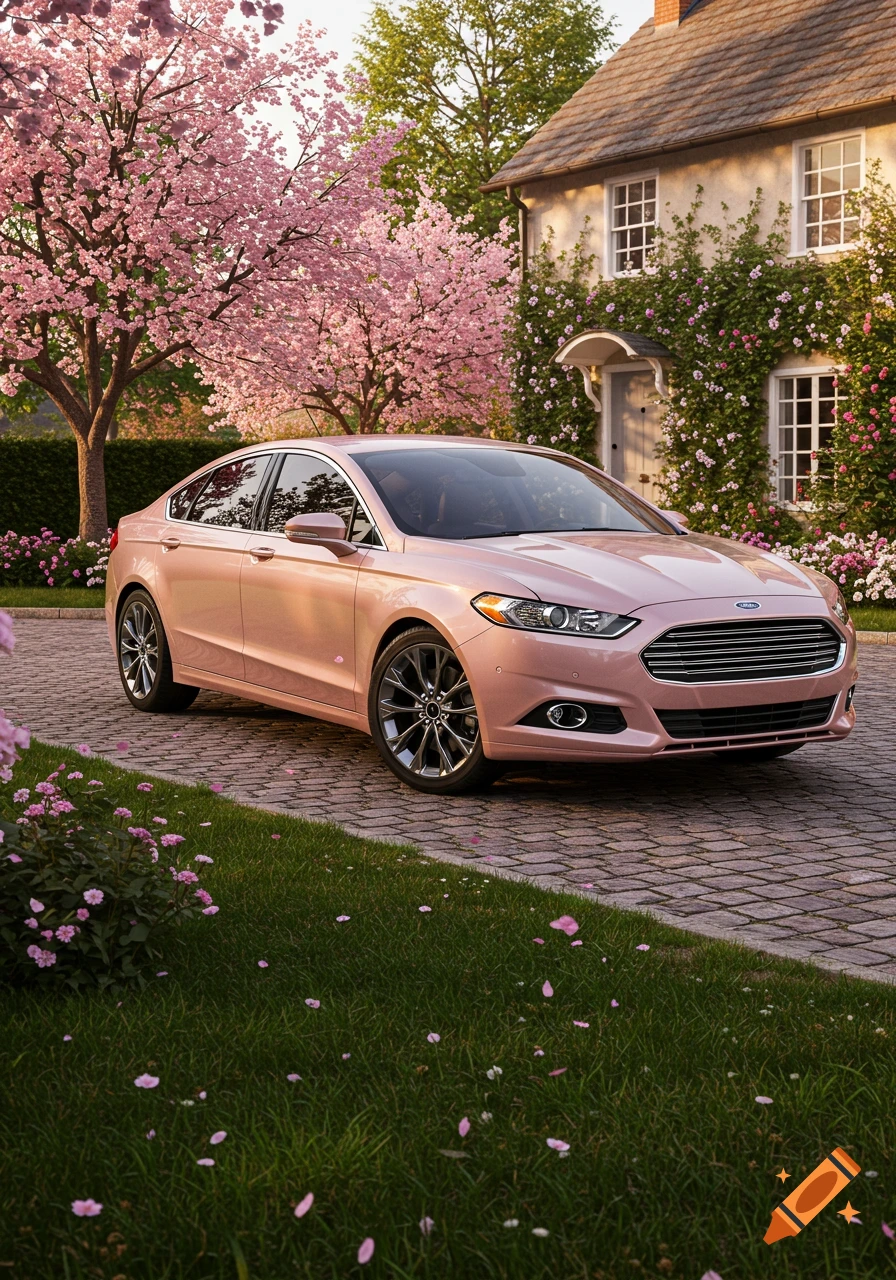 Photorealistic image of a pink Ford Fusion car parked on a cobblestone driveway in front of a house with blooming cherry blossom trees.